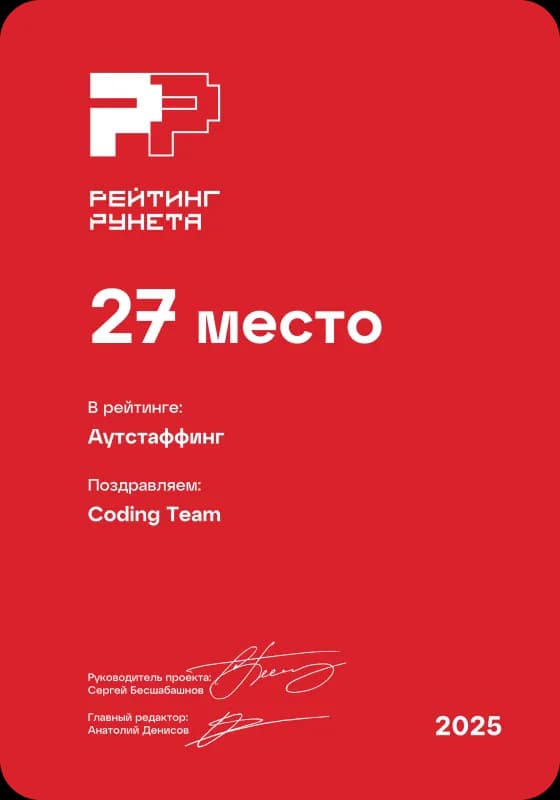 Диплом Coding Team — 2-е место на Workspase: Лучшие разработчики сайтов на Django