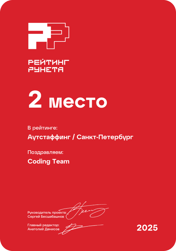 Диплом Coding Team — 5-е место в рейтинге Байнета: Креативность веб-студий
