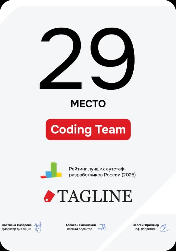 Диплом Coding Team — 1-е место в рейтинге Ruward: Frontend-разработка на аутсорсе