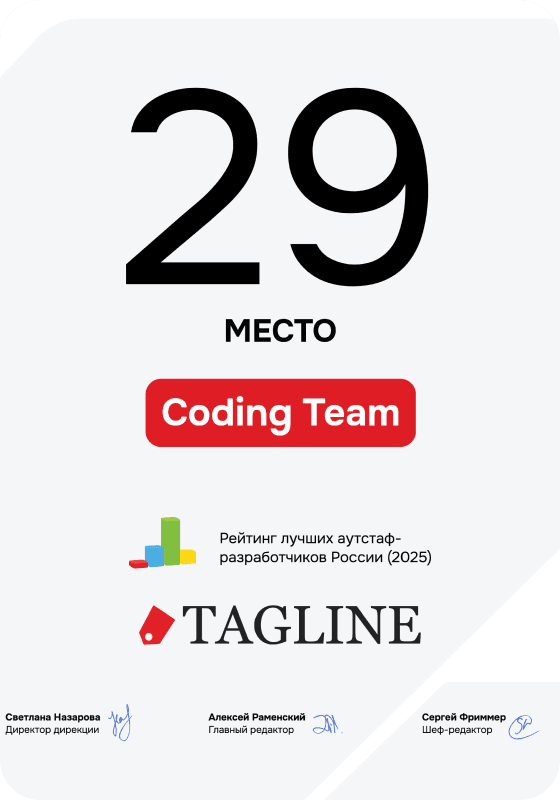 Диплом Coding Team — 1-е место в рейтинге Ruward: Frontend-разработка на аутсорсе